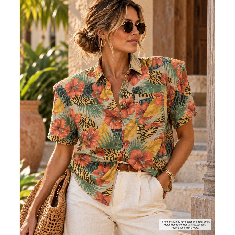 Alfred Paquette Vintage Tropical Tiger Print Shirt 1X Shoulder Pads Resortwear